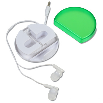 Promotional 1.2 m cable 3.5 mm plug in ear mobile earbuds in transparent plastic circle case with cellphone holder stand